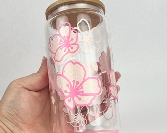 Cherry Blossom Glass Cup, Libbey Glass Can, Unique Sublimation, Gift for her