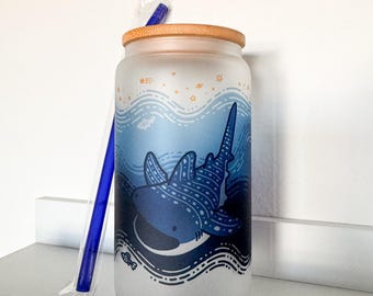 Whale Shark Glass Cup, Kawaii Ocean Mug, 16 oz