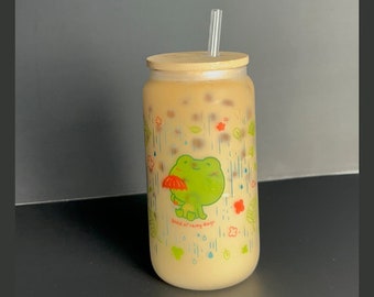 Kawaii Frog Glass Cup, Cute Frog Gift, Glass Cup with Lid, Rainy Day Gift, Iced Coffee Cup, Gift for Frog Lover, Frog, Frog Gift, Cute cup