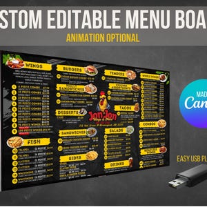 TV-Speisekarte für Restaurant, digitale Menüleiste oder druckbares Menü Easy DIY Digital Menu Board für Restaurants, bearbeitbare Canva-Vorlage.