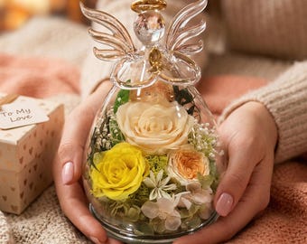 お母さんへの贈り物 女性への贈り物 ガラス製の永遠のバラの花 天使の置物 配達用 記念日 母の日 おばあちゃんへの本物のバラ