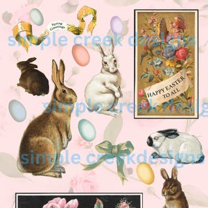 Könnte beinhalten: Eine digitale Collage mit Ostern-Motiven, darunter Hasen, Eier, Blumen und eine Karte mit der Aufschrift "Frohe Ostern an alle".