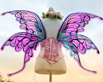 Dark Fairy Angel Wings Adult Cosplay Butterfly Purple Pink Green Black Iridescent Fantasy Costume Large