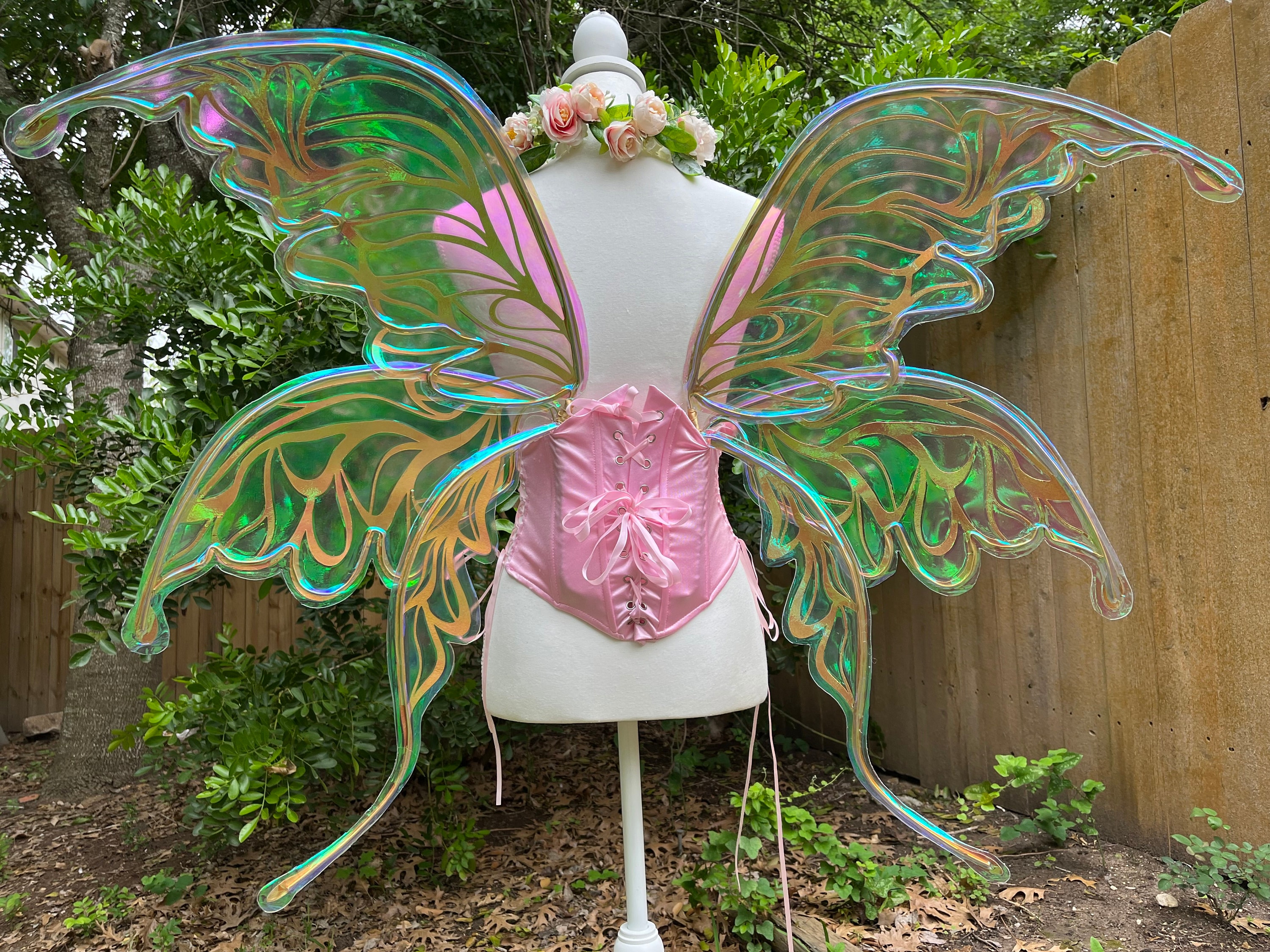 iHeartRaves Iridescent Green Fairy Wings with Gold Trim and Pink Flower Dragonfly Fairy Wings Gold Pink Green Adult Size Iridescent  main image 2