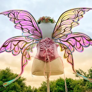 Butterfly Fairy Angel Wings Large Adult Size Pink to Green Gold Veins Wearable Iridescent Cosplay Rave Festival Fantasy Made to Order