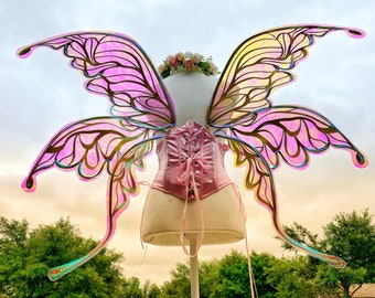 Butterfly Fairy Angel Wings Large Adult Size Pink to Green Gold Veins Wearable Iridescent Cosplay Rave Festival Fantasy