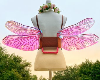 Hot Neon Pink Dragonfly Fairy Wings Adult Size Cosplay Costume Rave Festival Fantasy Wear Iridescent