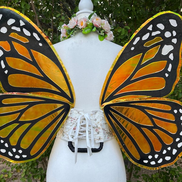 Monarch Butterfly Fairy Wings Hand Painted Orange Black Large Adult Size Rave Festival Cosplay Made to Order Rave Festival Fashion Costume