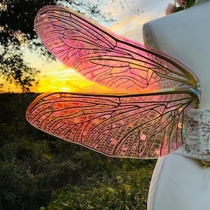 K&ouml;nnte beinhalten: Ein Paar schimmernde rosa und goldene Feenfl&uuml;gel mit einem filigranen, komplizierten Design. Die Fl&uuml;gel sind aus einem durchsichtigen Material gefertigt und haben eine schimmernde Oberfl&auml;che.