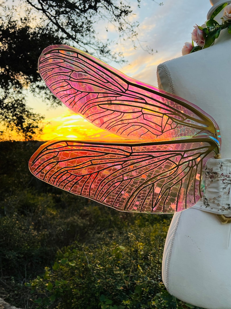 K&ouml;nnte beinhalten: Ein Paar schimmernde rosa und goldene Feenfl&uuml;gel mit einem filigranen, komplizierten Design. Die Fl&uuml;gel sind aus einem durchsichtigen Material gefertigt und haben eine schimmernde Oberfl&auml;che.