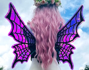 Spider Web Butterfly Wings Adult Cosplay Halloween Costume Black Green Purple Pink Witch Dark Fairy
