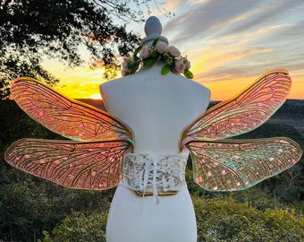 Dragonfly Fairy Wings Gold Pink Green Adult Size Iridescent Rave Festival Cosplay Fairy Fantasy Wearable Costume