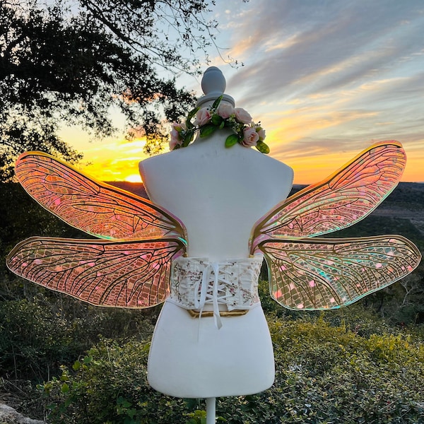 Dragonfly Fairy Wings Gold Pink Green Adult Size Iridescent Rave Festival Cosplay Fairy Fantasy Wearable Costume Made to Order