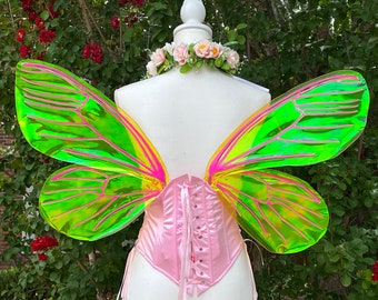 Butterfly Fairy Wings Small Adult or Large Child Size Neon Pink & Yellow Rave Festival Cosplay Costume Black Light Glow Made to Order