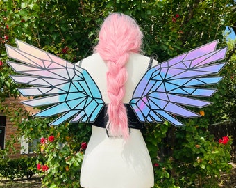 Mirrored Geometric Angel Wings Adult Cosplay Costume Silver Pink Blue Purple Iridescent Fairy Butterfly Mirror Large