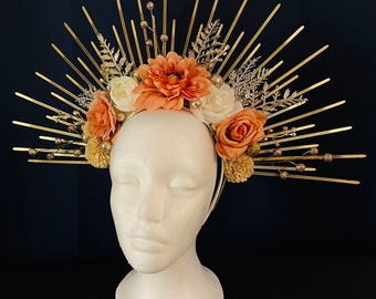 Costume Floral Zip Tie Crown Head Piece Fairy Angel Princess Peach Gold Headband