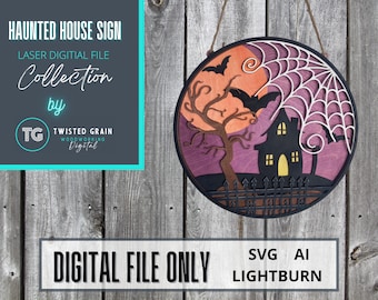レーザーレディカットファイル、ハロウィーンのお化け屋敷、インスタントファイルダウンロード、SVG Ai dxf eps PDF および Lightburn ファイル