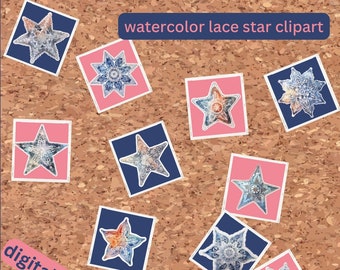 Watercolor White Lace Star Clipart Bundle, 10 more PNG & SVG Files for Scrapbooking, Stickers, Sublimation Printing instant digital download