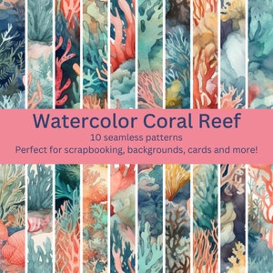 10 Digital Seamless Watercolor Coral Reef Patterns: Oceanic Beauty Designs for DIY Crafts, Marine Decor & Backgrounds - Instant Download Art