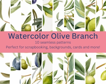10 Premium Digital Seamless Watercolor Olive Branch Patterns: More Natural Designs for Projects, Decor, Backgrounds -Instant Download