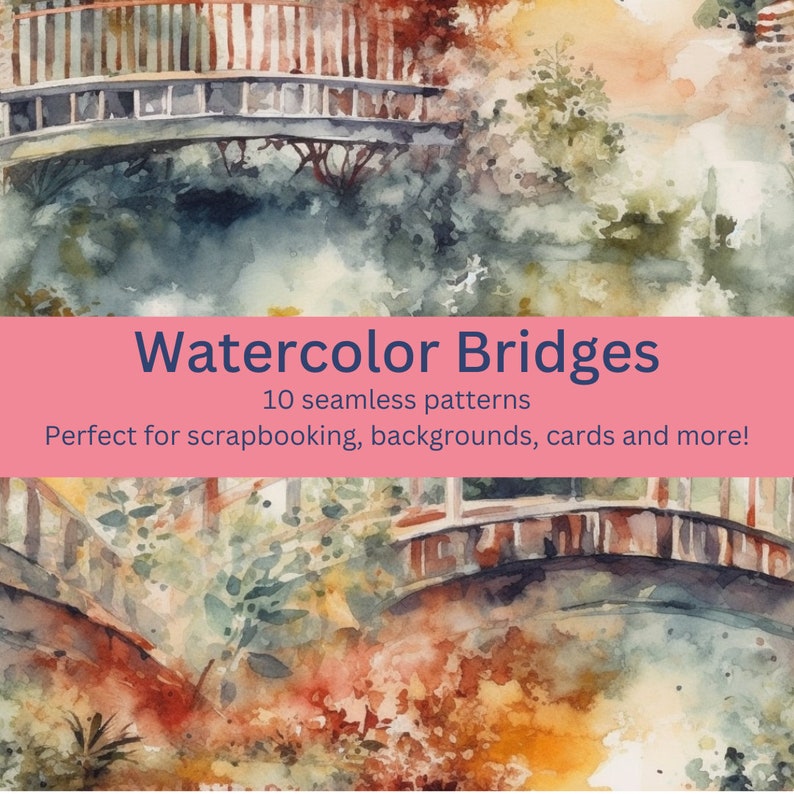 10 Digital Seamless Watercolor Bridge Patterns: Scenic Architecture ...