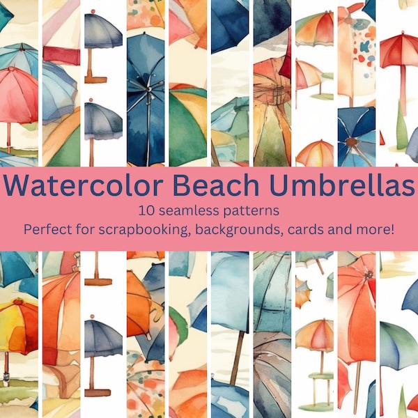 10 Digital Seamless Watercolor Beach Umbrella Patterns: Summery Designs for DIY Crafts, Decor & Backgrounds - Instant Download Artwork