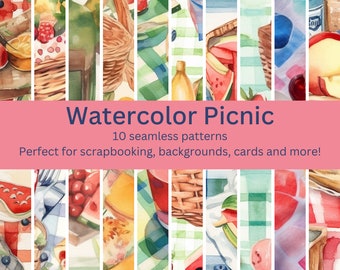 10 Vibrant Picnic Watercolor Patterns - More Digital Seamless Designs for Summer, Outdoor Fun - Instant Download