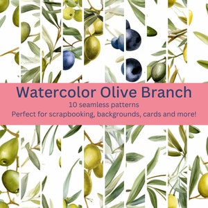 May include: Watercolor illustration of olive branches with green and black olives and green leaves. The image includes the text "Watercolor Olive Branch" and "10 seamless patterns".