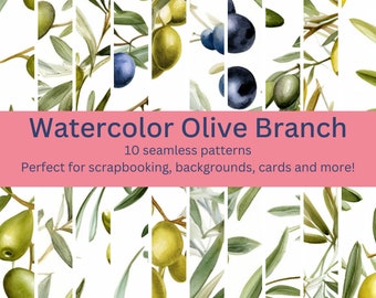 10 Premium Digital Seamless Watercolor Olive Branch Patterns: Natural Designs for Projects, Decor, Backgrounds -Instant Download