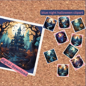 Blue Night Aesthetic Halloween Clipart Bundle - 10 More PNG & SVG Files for Scrapbooking, Stickers, Sublimation Printing, Commercial Use
