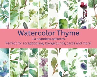 10 Vibrant Digital Seamless Thyme Watercolor Patterns :Even More Designs Perfect for Herb, Kitchen, Garden-Themed Crafts -Instant Download