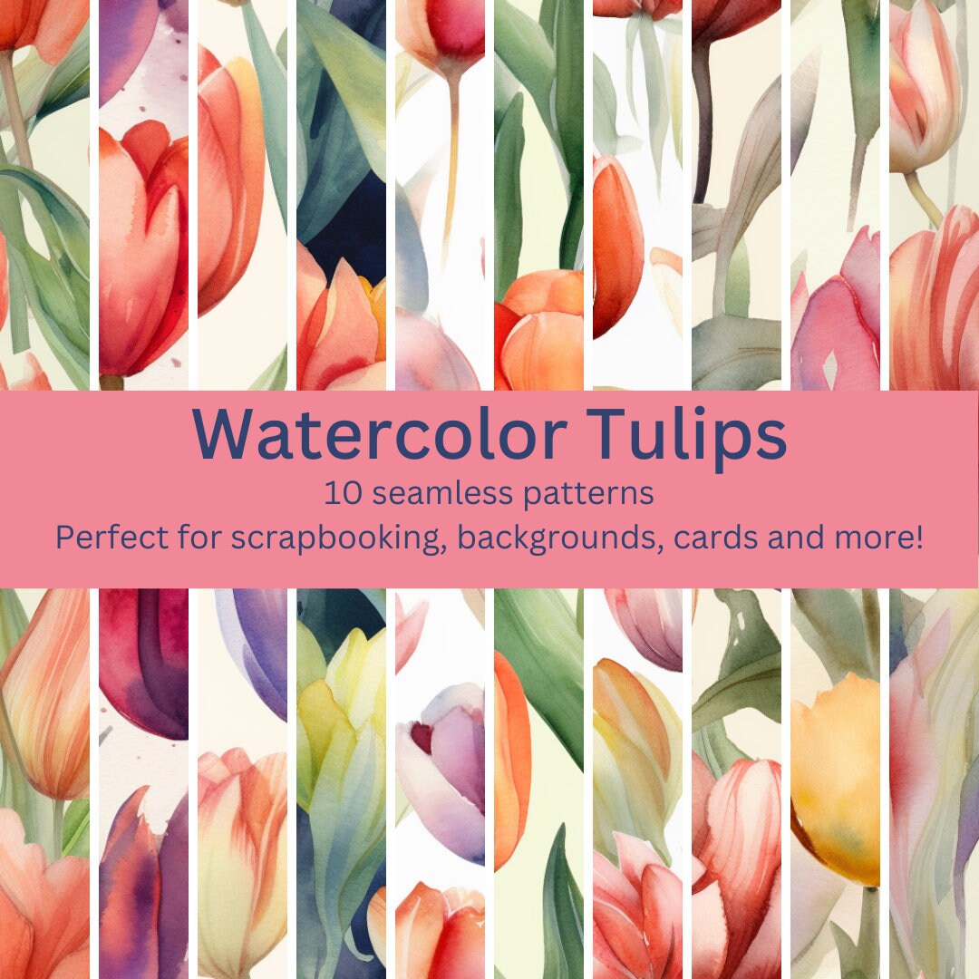 10 Digital Seamless Watercolor Tulip Patterns: Captivating Floral ...