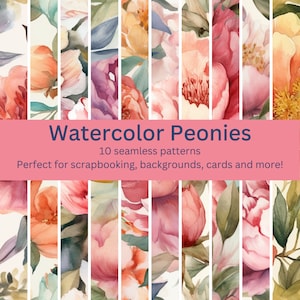 10 Digital Seamless Light Watercolor Peonies Patterns: Romantic Floral Designs for DIY Projects, Invitations & Backgrounds - Download Art
