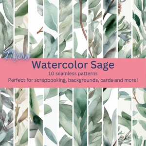 10 More Digital Seamless Watercolor Sage Patterns: Serene Botanical Designs for DIY Crafts, Decor & Backgrounds - Instant Download Artwork