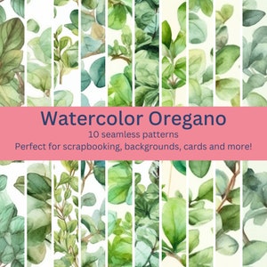 10 vivaci motivi digitali ad acquerello di origano senza soluzione di continuità: ancora più disegni perfetti per erbe, cucina, artigianato a tema giardino - Download istantaneo