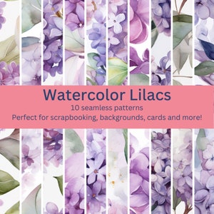 10 patrones florales lilas de acuarela transparentes digitales: diseños de flores delicadas para manualidades, invitaciones y fondos de bricolaje - Descarga instantánea