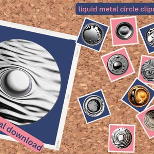 May include: A corkboard with a blue background paper with a digital download label and a black and white liquid metal circle clipart. The corkboard is decorated with several other liquid metal circle clipart images in various colours and designs.
