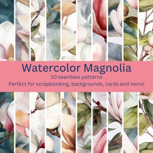 Op de afbeelding: Een digitale collage van 10 naadloze patronen met aquarel illustraties van witte magnolia bloemen en groene bladeren.  Waterverf Magnolia, 10 naadloze patronen. Perfect voor scrapbooking, achtergronden, kaarten en meer!
