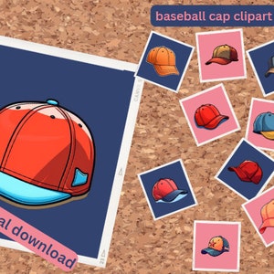 May include: A collection of baseball cap clipart images in various colors, including red, blue, orange, and yellow. The caps are displayed on a corkboard background with the text "baseball cap clipart" at the top. The text "digital download" is at the bottom of the image.