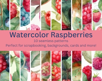 10 Vibrant Digital Seamless Watercolor Raspberry Patterns: More Designs Perfect for DIY Crafts, Home Decor, Backgrounds - Instant Download