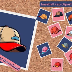 May include: A collection of baseball cap clipart images in various colors and styles. The caps are displayed on a corkboard background with the text "baseball cap clipart" at the top. The text "digital download" is at the bottom of the image.
