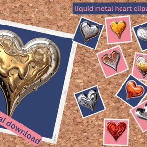 May include: A digital download of ten liquid metal heart clipart images. The hearts are in various colours, including gold, silver, red, and orange. The hearts are all in a heart shape and have a dripping effect. The text "liquid metal heart clipart" is at the top of the image. The text "digital download" is at the bottom of the image.