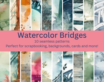 10 modèles de pont aquarelle sans couture numérique : encore plus de conceptions d'architecture scénique pour le bricolage, la décoration et les arrière-plans - Téléchargement immédiat