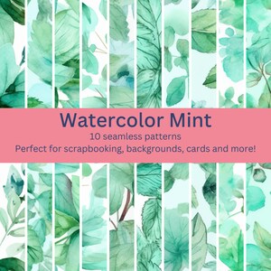 10 weelderige digitale naadloze mint aquarel patronen - meer ontwerpen voor culinaire, spa-, versheid-themaprojecten - Instant Download Artwork