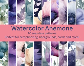 10 More Digital Seamless Watercolor Anemone Patterns: Elegant Floral Designs for DIY Crafts, Invitations & Backgrounds - Instant Download