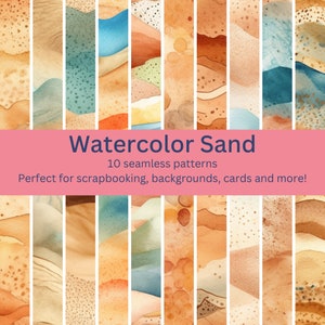 May include: Ten seamless watercolor patterns featuring abstract sand dune designs in shades of brown, beige, blue, and green.  Watercolor Sand. Perfect for scrapbooking, backgrounds, cards and more!