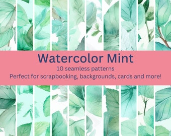 10 Lush Digital Seamless Mint Watercolor Patterns - Even More Designs for Culinary, Spa, Freshness-Themed Projects - Instant Download Art