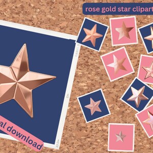 May include: A corkboard with a blue background and the text "digital download" in pink.  There are nine rose gold star images on the corkboard, each with a white border.  The stars are on different coloured backgrounds, including pink, blue, and white.