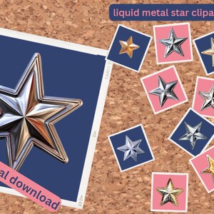 May include: A digital download of ten liquid metal star clipart images. The stars are in various shades of gold and silver. The stars are displayed on a corkboard background.