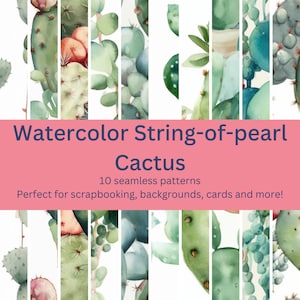 Peut inclure: Motifs sans couture aquarelle représentant des cactus en chapelet, en nuances de vert, bleu et rose. Parfaits pour le scrapbooking, les fonds, les cartes et plus encore !